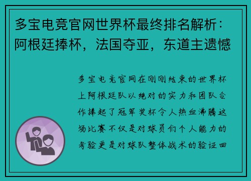 多宝电竞官网世界杯最终排名解析：阿根廷捧杯，法国夺亚，东道主遗憾垫底